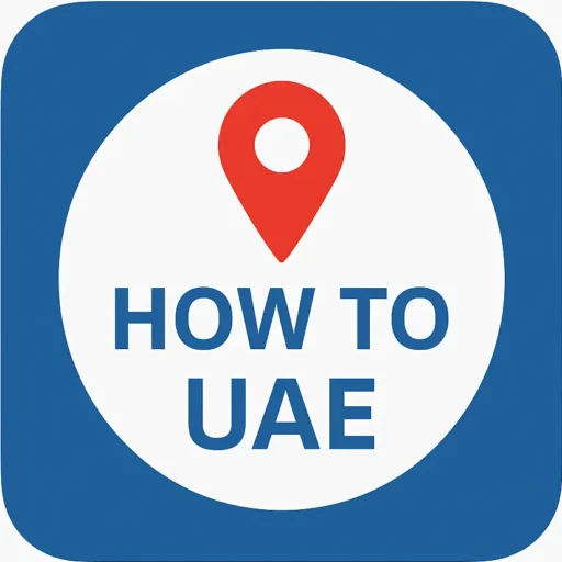 How to UAE logo with red map pin and bold text inside a white circle