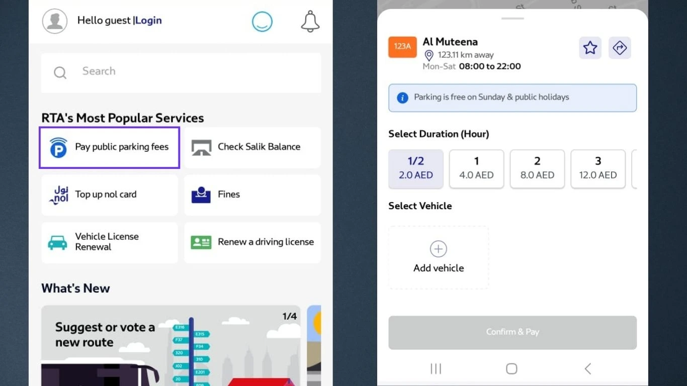 how to pay parking fees online in Dubai RTA app